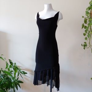 BLK STRETCHY BEADED RUFFLE BOTTOM COWL NECK DRES